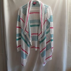 Say what pink, blue, turquoise and white sweater